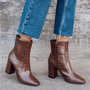 My Generation Brown Crocodile High Heel Mid-Calf Boots